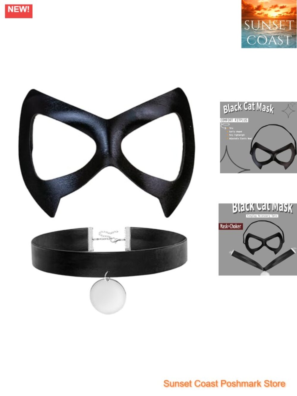 Cat Eye Half Mask Choker Set Faux Leather Halloween Masquerade Costume Accessory